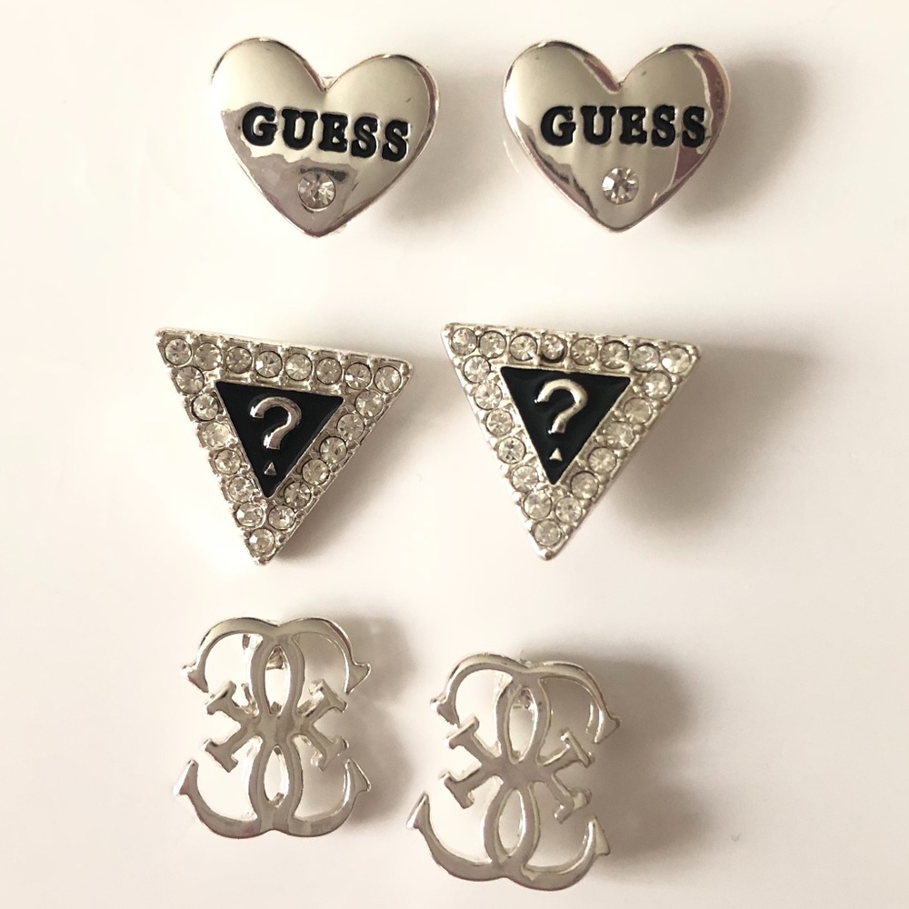 GUESS Set of 3 Logo Earrings Heart G Silver